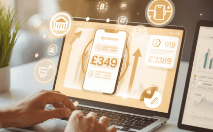 Mains sur un ordinateur portable affichant des courbes de prix, smartphone avec une application de réservation en arrière-plan, lumière dorée naturelle