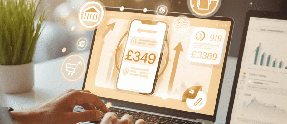 Mains sur un ordinateur portable affichant des courbes de prix, smartphone avec une application de réservation en arrière-plan, lumière dorée naturelle