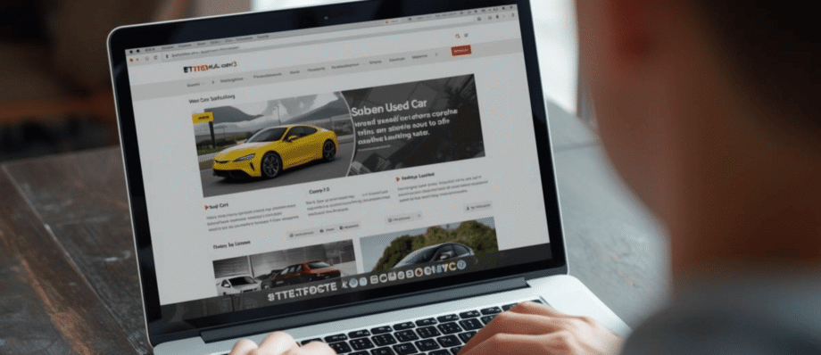 Uomo davanti al computer che consulta un annuncio di auto usata